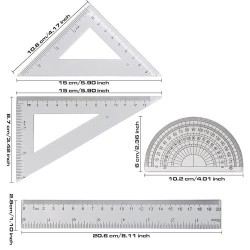 4 Pcs Math Geometry Set, Transparent Plastic Geometry Kit Includes Protractor, Straight Ruler, Triangle Ruler, Clear Measuring Tools, Drafting Ruler for School and Office Supplies