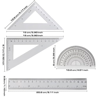 4 Pcs Math Geometry Set, Transparent Plastic Geometry Kit Includes Protractor, Straight Ruler, Triangle Ruler, Clear Measuring Tools, Drafting Ruler for School and Office Supplies