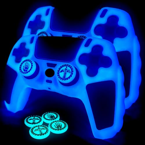 2 Pack Glow in the Dark Controller Skin Silicone Grip Protective Case Cover and 4 Thumb Grips caps Accessories. (2 Pack Glow Blue Black) - color: 2 Pack Glow Blue Black