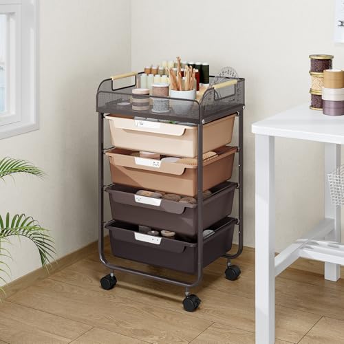 SYKIARIOL 4-Drawer Rolling Storage Cart with Mesh Top,Brown - color: Gradient Brown