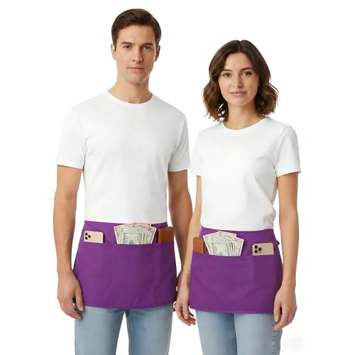 BOHARERS Waist Purple Apron with 3 Pockets - Black Waitress Server Short Apron - color: 1 Pack Purple