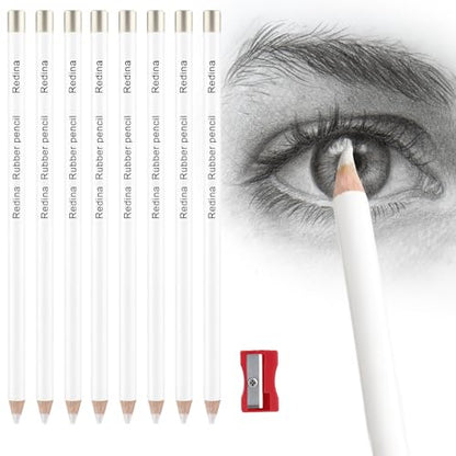 8 Pack Eraser Pencil Set for Drawing, White Wood Pencil Erasers for Sketch