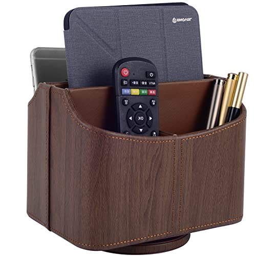 Brown 360 Degree Swiveling TV Remote Control Holder/Caddy, Leather Desk Organizer for Office and Home Furniture Decoration Storage Box(Dark wood grain) - color: Dark wood grain