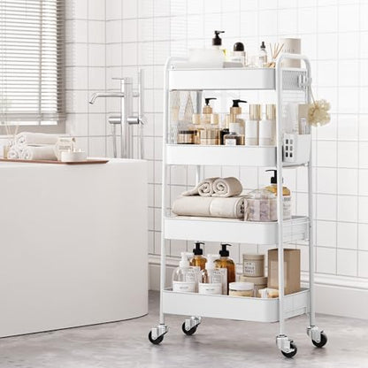 TOOLF 4 Tier Rolling Cart, Metal Utility Storage Cart with Pegboard, White - color: White, size: 4-Tier