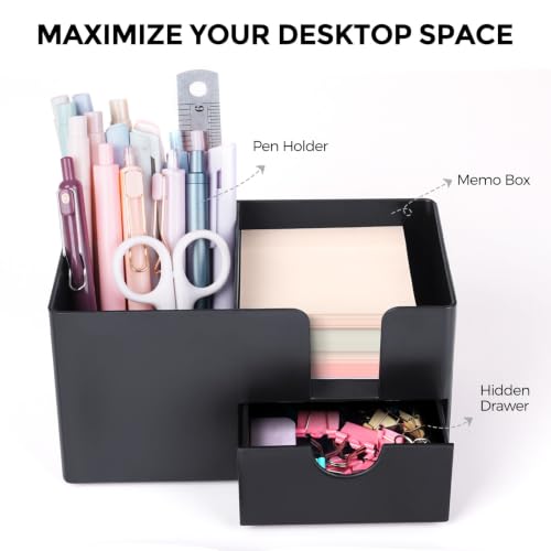 SKYDUE Small Desk Organizer with Sticky Notes Holder,Pen Holder for Desk - color: Black