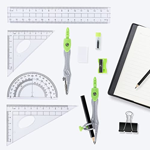 10 Pieces Math Geometry Kit Set with Shatterproof Storage Box, Student Supplies Includes Rulers,Protractor,Compass,Pencil Sharpener,Lead Refills,Pencil,Eraser for School and Drawings