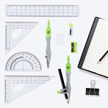 10 Pieces Math Geometry Kit Set with Shatterproof Storage Box, Student Supplies Includes Rulers,Protractor,Compass,Pencil Sharpener,Lead Refills,Pencil,Eraser for School and Drawings