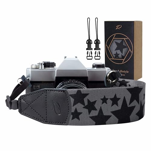 Padwa Lifestyle Pentagram Camera Strap - 2" Wide Genuine Leather Ends Camera Straps for Photographers, Vintage Five-Pointed Stars Print Nylon Weave Strap with Camera Quick Release fits All Cameras - color: Pentagram