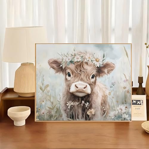 YULIDECO Highland Cow Diamond Art,Flowers Animals Diamond Art Kits for Adults,DIY Full Round Drill Diamond Painting DIY Gift,Home Wall Art Diamond Painting Kit(16x12 Inch) - color: DP03716