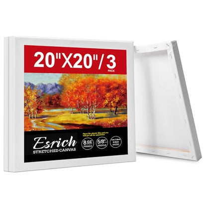 ESRICH 20x20 Stretched Canvas for Painting, 3 Pack Square Canvas for Painting Primed Acid-Free Framed Blank Canvas, Art Canvases for Beginners & Artists to Paint Oil, Acrylic, Pouring Painting. - size: 20x20in-3Pack