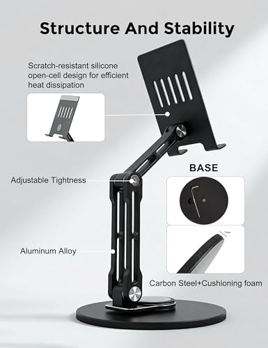Aluminum Tablet Stand for Desk, 360° Rotating Height Adjustable - color: black