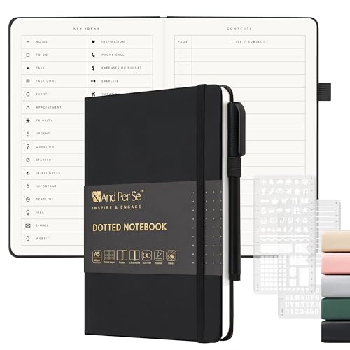 &And Per Se Dotted Notebook with Pen, 176 Numbered Dotted Pages, A5 Hardcover, Journal Stencils & Fineliner Pen for Beginners Women Men (Black) - color: Black, size: 176-Dotted