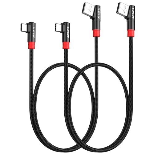 SUNGUY Right Angle USB C to A Cable 2FT/0.6m, 2Pack 3A Short USB-A to USB-C 90 Degree Fast Charging Data Sync Cable Nylon Braided for Samsung Galaxy S22 S20 S10 S9, LG, Google Pixel, Power Bank - size: 2FT