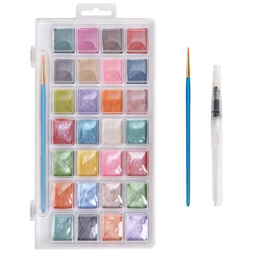 28 Metallic Colors Washable Watercolor Paint Set, with 2 Brushes Pen