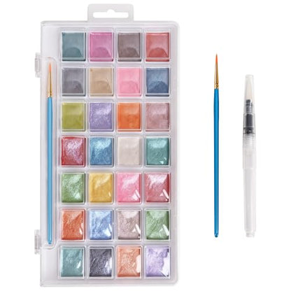28 Metallic Colors Washable Watercolor Paint Set, with 2 Brushes Pen