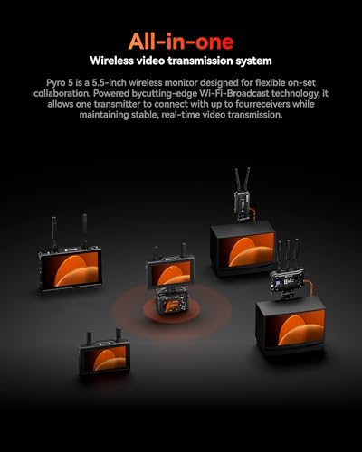 Hollyland Pyro 5 Wireless Video Transmitter & Receiver & 5.5 inch Camera Field Monitor HDMI & SDI 1300ft Range, 60ms Latency Auto Dual-Band Hopping with Waveform, LUTs, Recording, Vector Scope - size: 5.5 inch - Pyro 5 Solo Version