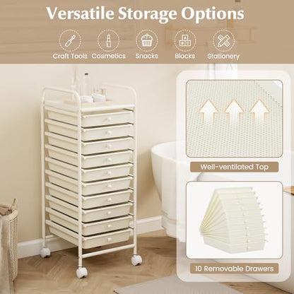 RELAX4LIFE 10 Drawer Rolling Cart - Slim Storage Cart w/Lockable Wheels - color: White, size: 34''H