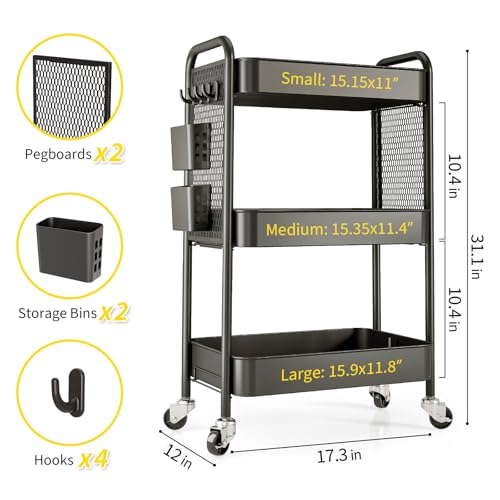 TOOLF 3 Tier Rolling Cart, Metal Utility Storage Cart with Pegboard, Black - color: Black, size: 3-Tier