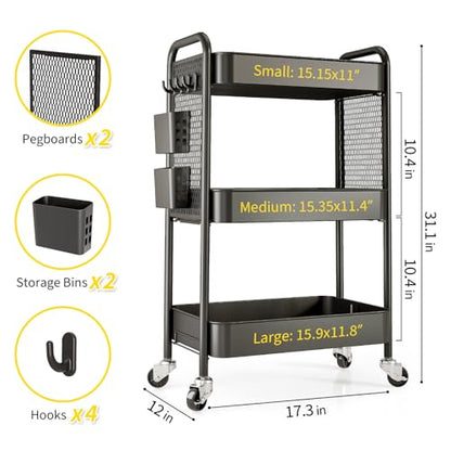 TOOLF 3 Tier Rolling Cart, Metal Utility Storage Cart with Pegboard, Black - color: Black, size: 3-Tier