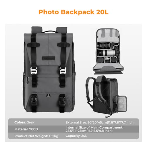 K&F CONCEPT Camera Backpack, 20L Camera Bags for Photographers - color: Grey