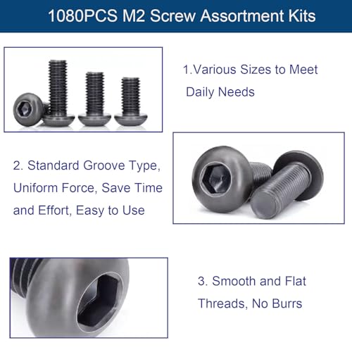 1080PCS M2 Screw Assortment Kit, M2x4/6/8/10/12/16/20/25mm M2 Screw Kits - size: M2