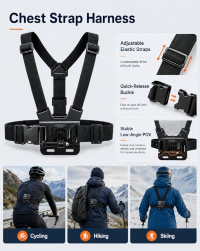 Accessories Kit for Action Camera, Chest Strap Harness + Head Strap Mount + 360° Rotating Hand Strap Mount and Backpack Clip Holder, 4 in 1 Universal Adjustable Sport Camera Accessories Kit