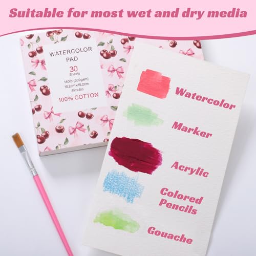Watercolor Paper Pad 4x6 Inch, 30 Sheets 140 lb Cold Press with 2 Brushes - size: 4x6 Inch