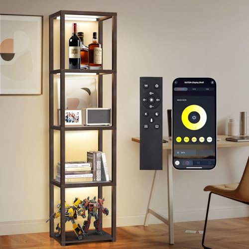 OUTON 67" Glass Display Shelf with Dimmable LED Floor Lamp, Collectibles Display Cabinet with Remote & App Control, 5 Tier Open Bookshelf Lamp for Living Room, Bedroom, Office, Home Decor, Walnut - color: Walnut