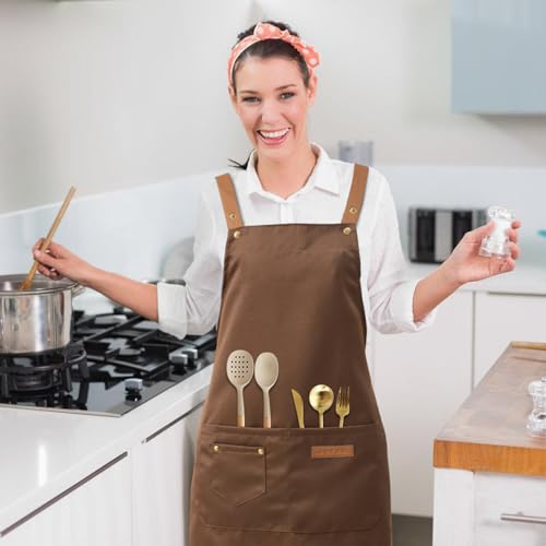 DILLMAN Art Aprons for Men Women H Back Straps Chef Apron with Pockets - color: Brown