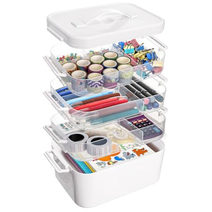 Tebery 4 Tier Plastic Craft Storage Organizer, Clear Stackable Arts Supply Box with Removable Tray, Portable Bead Jewelry Sewing Tool Container Case with Handle, Ideal for Home Studio Travel