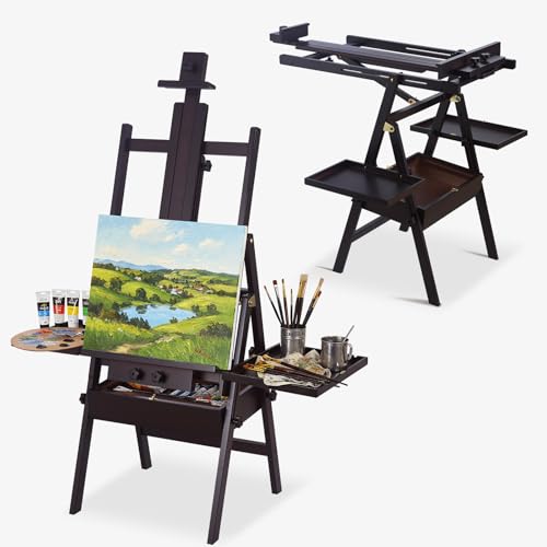 Beech Wood H-Frame Easel for Painting with Tray & Drawer, Walnut - color: Walnut