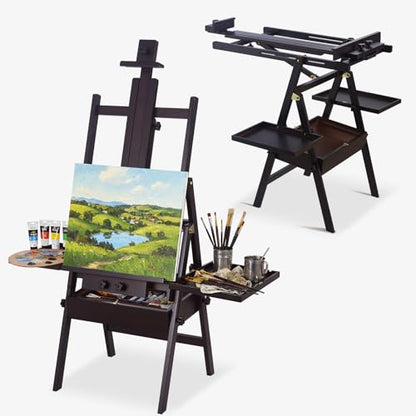 Beech Wood H-Frame Easel for Painting with Tray & Drawer, Walnut - color: Walnut