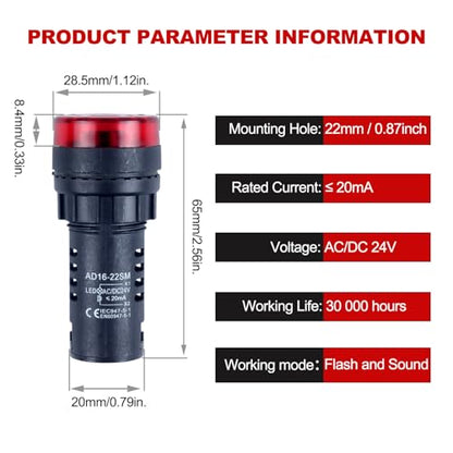 2pcs 22mm 24V Buzzer with Red LED Indicator Light Flash Alarm Beep Signal Intermittent Sound - size: 22mm / 24V
