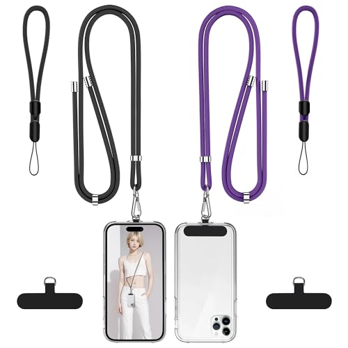 takyu Phone Lanyard, 2 Pack Adjustable Cell Phone Lanyard Crossbody Neck Strap & 2 Pack Wrist Strap with Tether Tabs Compatible for iPhone Android Smartphones- DarkPule Black - color: Dark-puple + Black