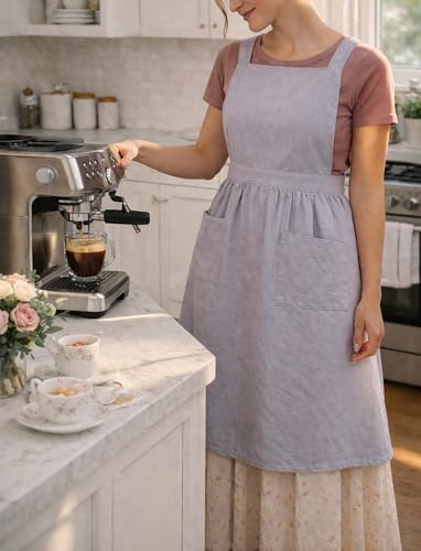 Pinknoke Cute Cotton Pinafore Aprons for Women with Pockets for Kitchen - color: Gray