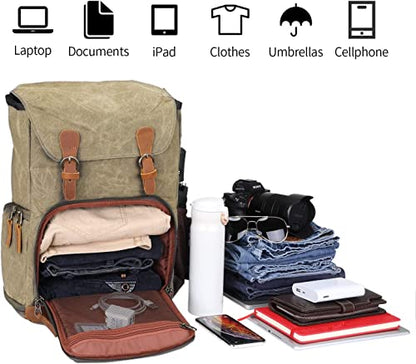 UBAYMAX Canvas Camera Backpack for Canon Nikon Sony DSLR SLR Waterproof - color: Khaki