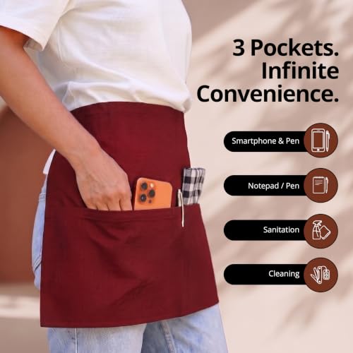 Utopia Wear Server Waist Aprons 12 Pack with 3 Pockets for Men and Women - color: Red
