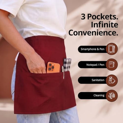 Utopia Wear Server Waist Aprons 12 Pack with 3 Pockets for Men and Women - color: Red