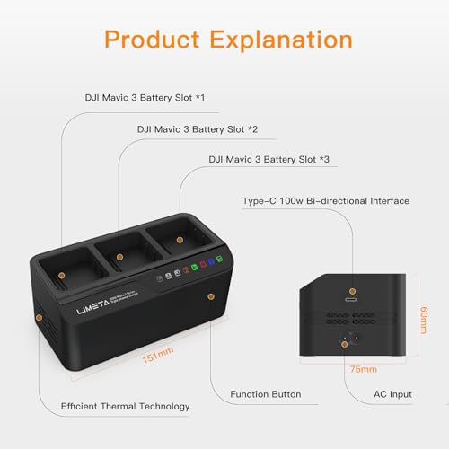 200W Mavic 3 Battery Charger Hub Fast Parallel Charging Station for DJI Mavic 3 Pro/Mavic 3 Classic/Mavic 3 Enterprise Batteries Charge 3 Batteries Simultaneously in 70 Min with Storage Mode