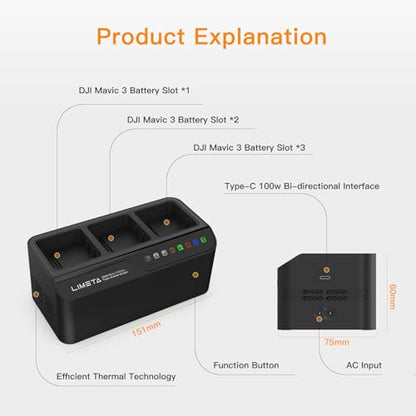 200W Mavic 3 Battery Charger Hub Fast Parallel Charging Station for DJI Mavic 3 Pro/Mavic 3 Classic/Mavic 3 Enterprise Batteries Charge 3 Batteries Simultaneously in 70 Min with Storage Mode