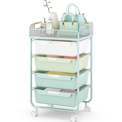 SYKIARIOL 4-Drawer Rolling Storage Cart with Mesh Top,Green - color: Gradient Green
