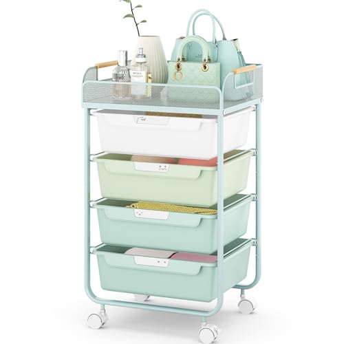 SYKIARIOL 4-Drawer Rolling Storage Cart with Mesh Top,Green - color: Gradient Green