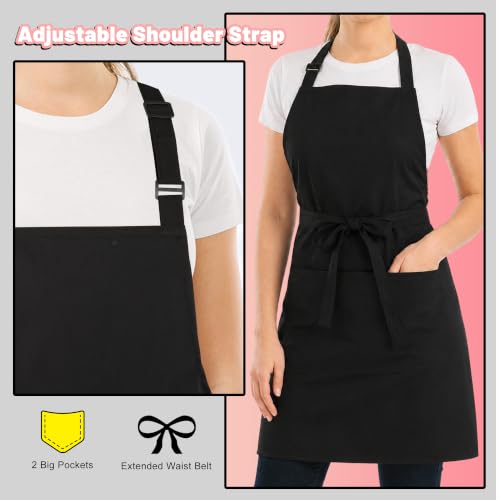 Adjustable Bib Apron Waterdrop Resistant with 2 Pockets Cooking Kitchen Aprons for Women Men Chef - color: Pure Black