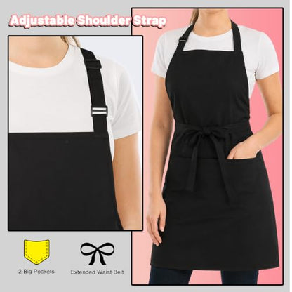 Adjustable Bib Apron Waterdrop Resistant with 2 Pockets Cooking Kitchen Aprons for Women Men Chef - color: Pure Black