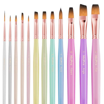 Nicpro 12pcs Artist Paint Brush Set, Paint Brushes for Acrylic Painting - color: Macaron