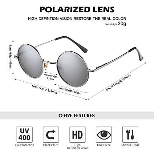 Pro Acme Small Round Polarized Sunglasses for Women Men Retro Metal Shades - color: C5 - Gunmetal Frame/Black Lens
