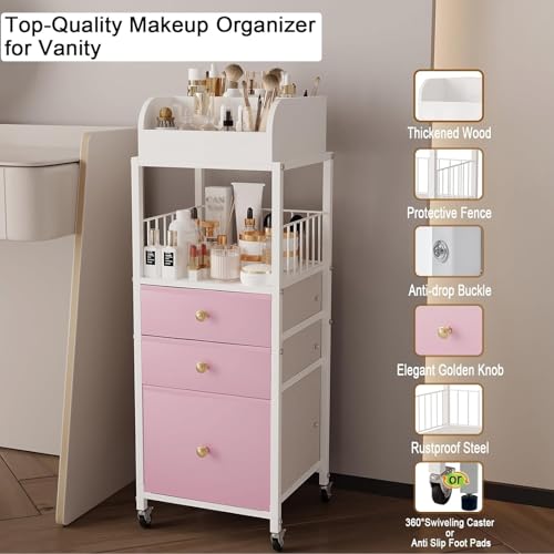 Makeup Organizer Storage Cart with Drawers Rolling Makeup Cart with Wheels - color: Pink