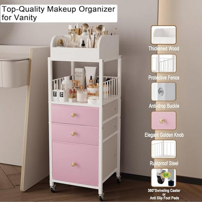 Makeup Organizer Storage Cart with Drawers Rolling Makeup Cart with Wheels - color: Pink