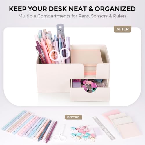 SKYDUE Small Desk Organizer with Sticky Notes Holder,Pen Holder for Desk - color: Beige