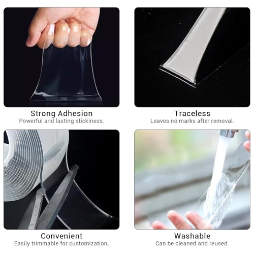 3 Rolls Double Sided Tape, Nano Tape, Transparent Adhesive Tape, Traceless Adhesive Tape, Removable, Washable, Reusable, Suitable for Carpets, Photo Walls, 9.8 Feet Per Roll - size: 9.8 Feet Set of 3